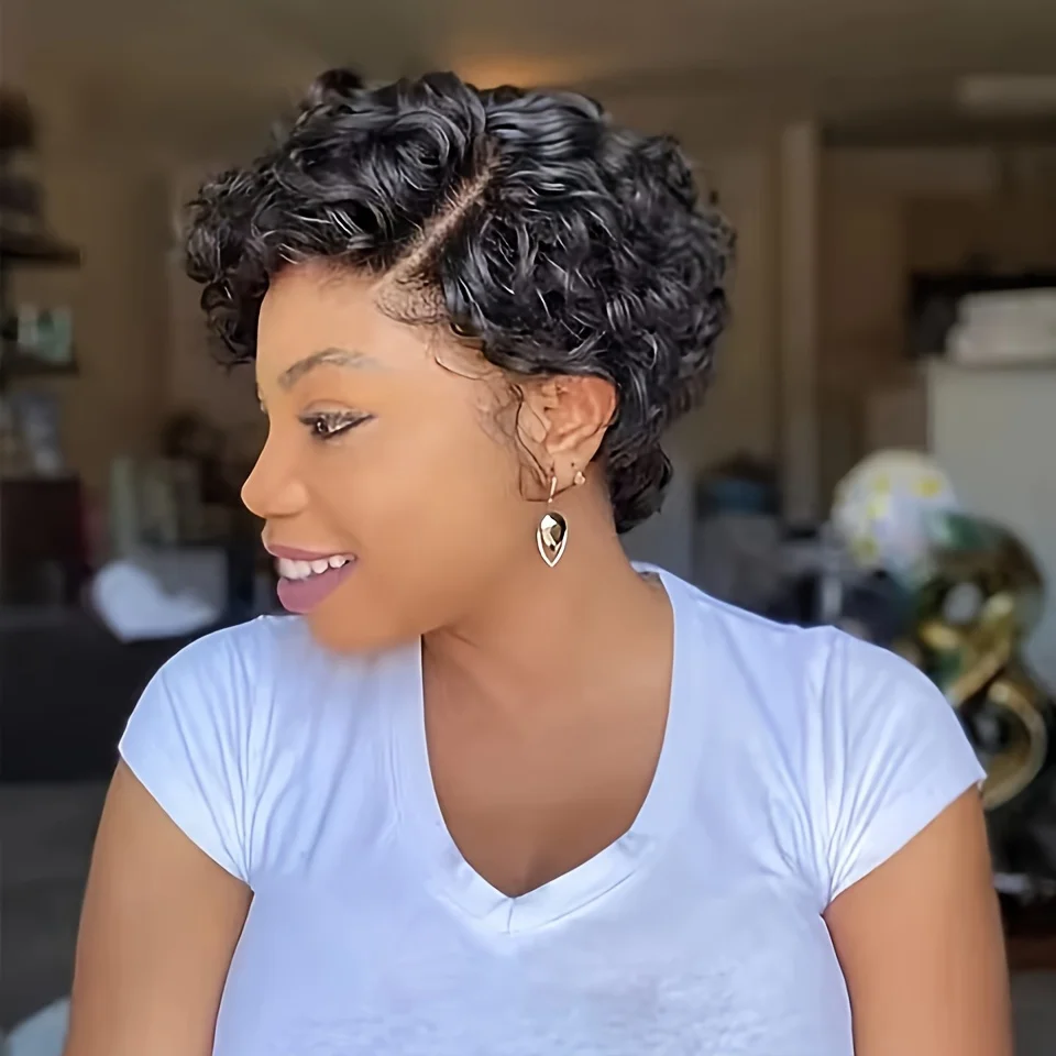 Natural Preto Cor Remy Peruca de Cabelo para Mulheres, Curto Curly Pixie Cut, Cabelo Humano de Renda, Densidade 150%, 13 × 1 T Part, 6in