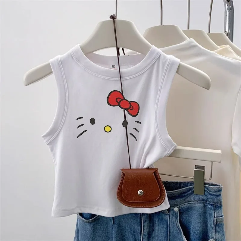 

Sweet Hello Kitty Anime Kawaii Sanrio Ins Fashion Casual Short Sleeve Shirt Cute Baby KT Cat Sleeveless Base Shirt Clothes Toys