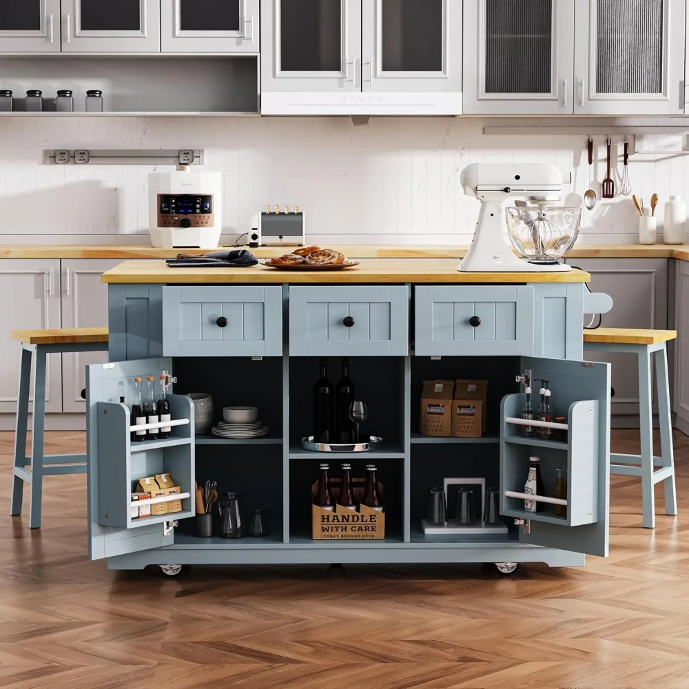 Large Kitchen Island Cart on 5 Wheels with 2 Bar Stools,3 Drawers,Kitchen Storage Cart with 5 Open Side Racks,Home Bar Grey Blue