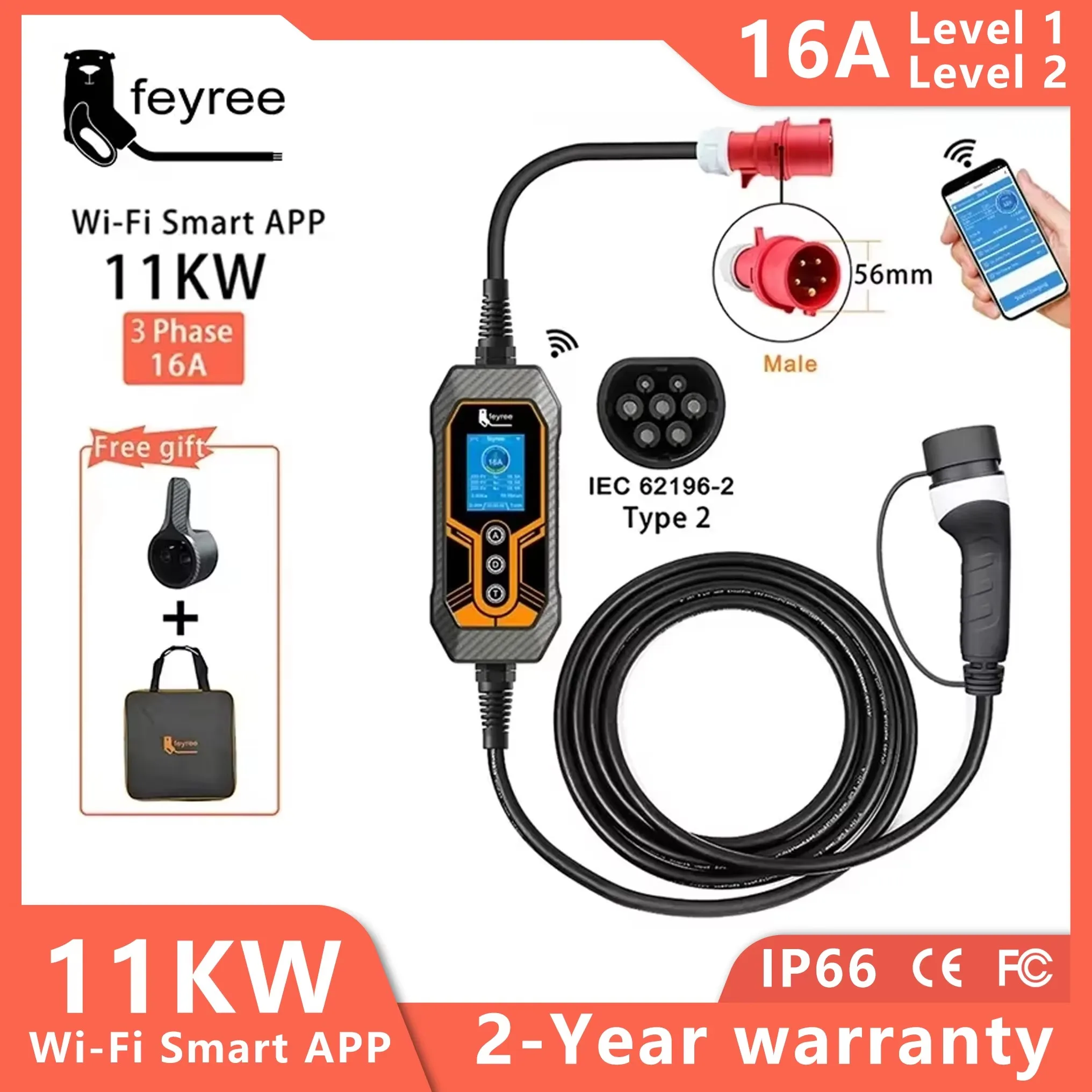 feyree Portable EV Charger Type2 11KW 16A 3 Phase Wi-Fi APP Bluetooth Version EVSE Charging Cable 5m CEE Plug for Electric Car