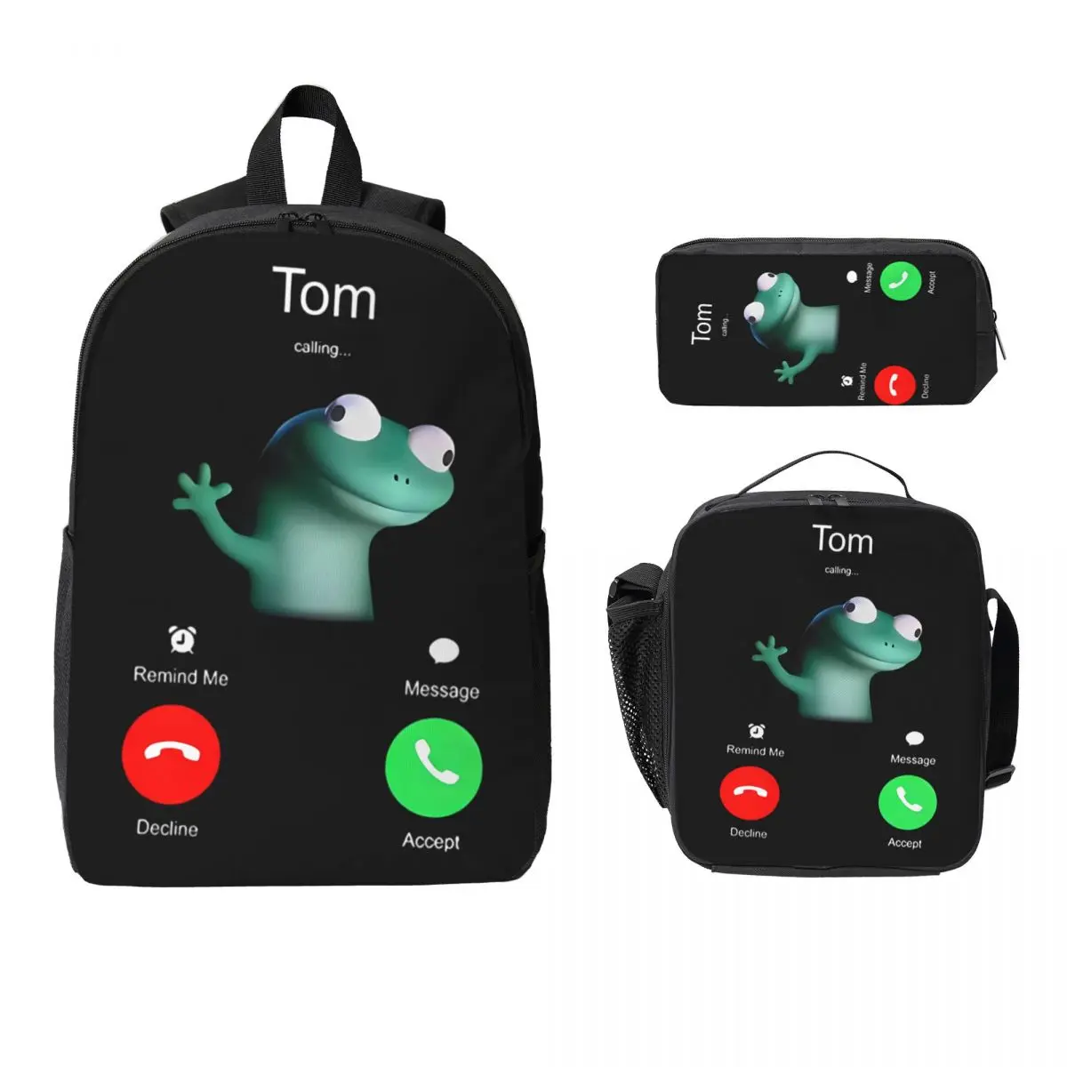 

3pecs/set Tom Lizard Is Calling Meme Backpack for Student Back To School Laptop Computer Shoulder Bag Lunch bag Pencil Case