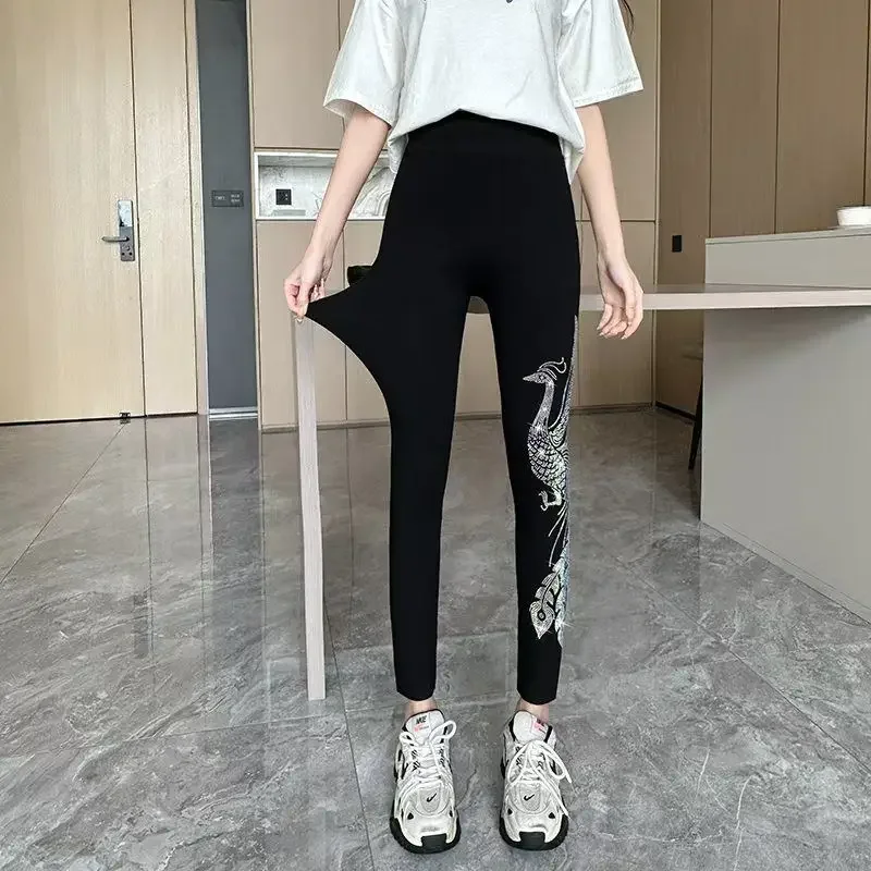 Slim Fit Rhinestone Leggings for Women Sexy Shiny Warm Tights with Dragon Phoenix Diamond Pattern Size 50-90kg