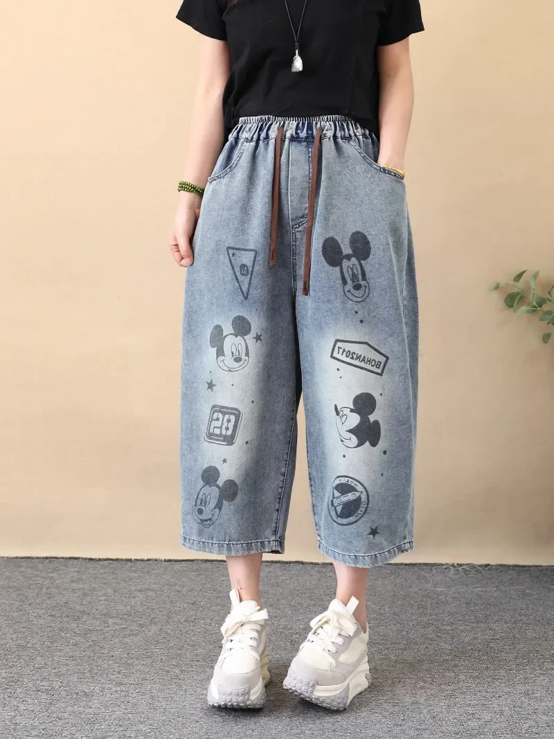 Summer Retro Polished White Cartoon Printed Denim Pants Loose Oversize Straight Eight-point Harlan Pants Y2k Thin Jeans Trousers