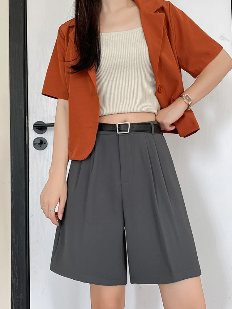 Solid Shorts Women Summer All-match Single Button High Elastic Waist Pockets Slim Loose Leisure Thin Korean Style Fashion Cozy