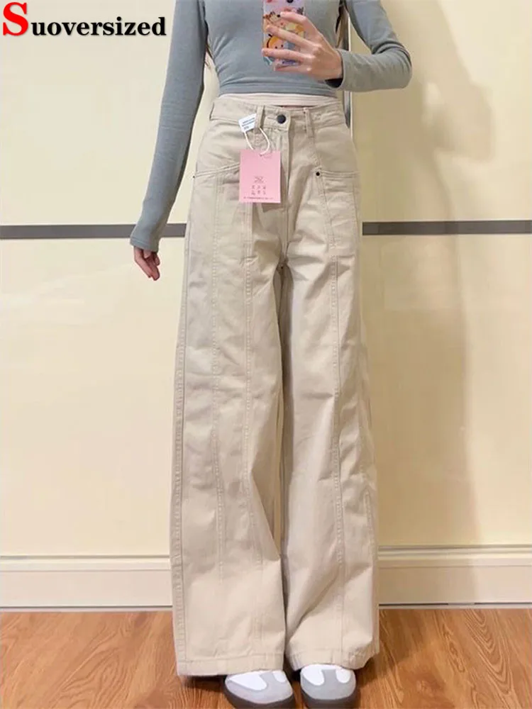 

Khaki Baggy Wide Leg Cargo Jeans High Waist New Straight Pantalones Loose Vintage Spodnie Korea Streetwear Women Denim Pants