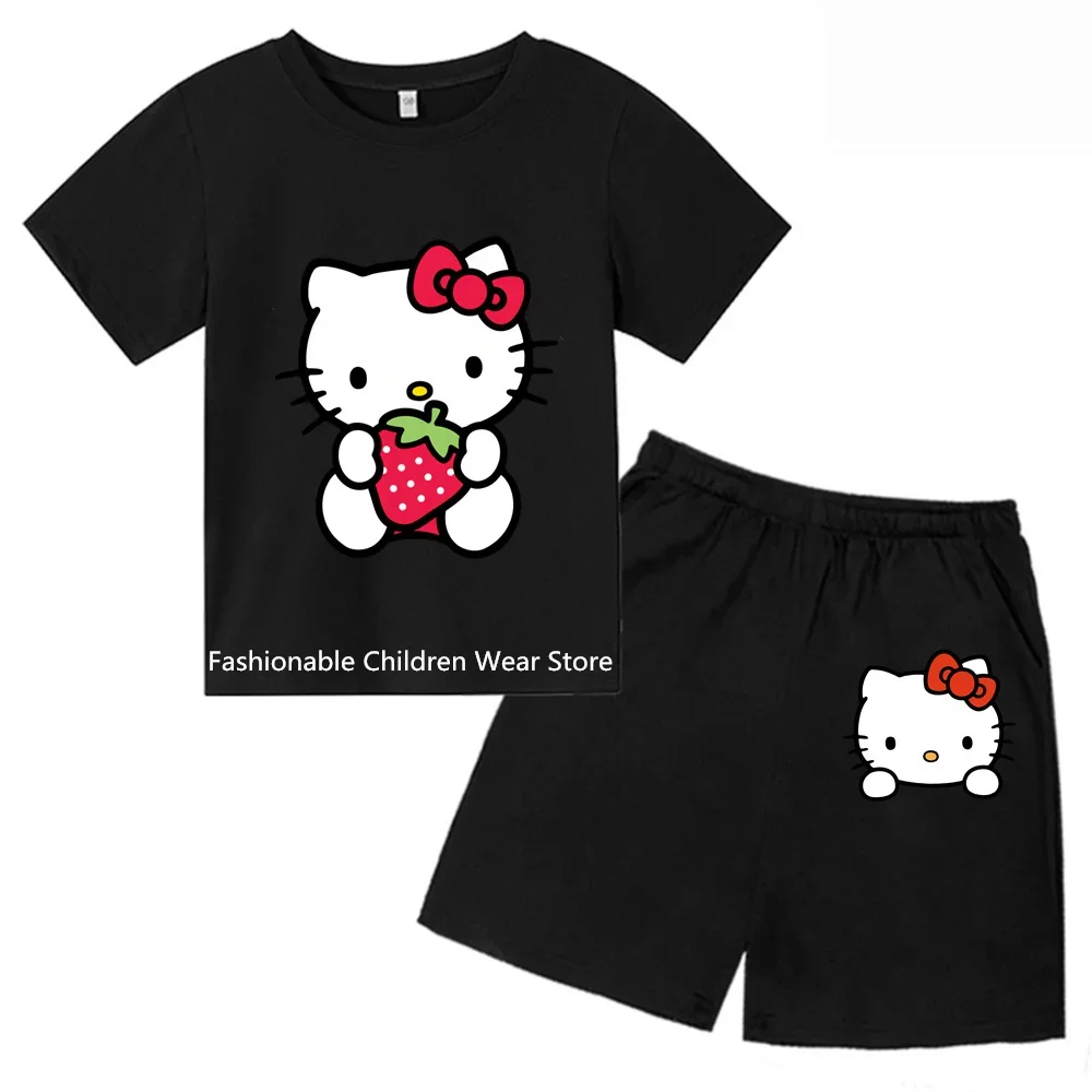 Summer Korean Version Hellokitty Girls Pure Cotton Short-Sleeved T-Shirt Shorts Sports Casual Pullover Thin Style 2-Piece Suit