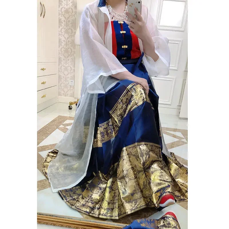 7 Kleur Vintage Ming Dynastie 6M Paard Gezicht Hanfu Geplooide Rok Gouden Draad Geweven Chinese Elegante Traditionele Zwarte Hanfu Jurk