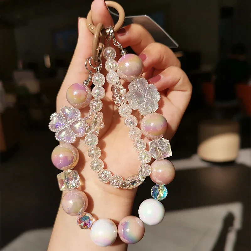 Mobile Phone Lanyard Short Cute Four-leaf Clover Crystal Mobile Phone Double Chain Wrist Rope Women's Wind Hanging Ornaments