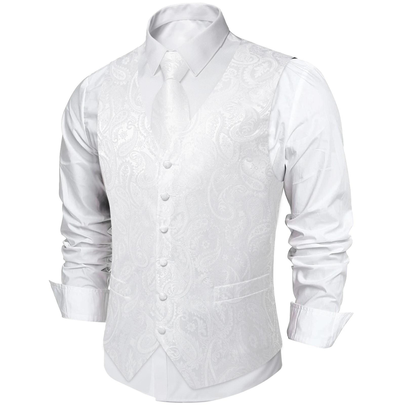 Reinweiße Hochzeitsweste für Herren, ärmellos, V-Ausschnitt, Satin, luxuriöse Herrenweste, Krawatte, Einstecktuch, Manschettenknöpfe, Clip, 5-teiliges Set, Geschenk – Detail 12