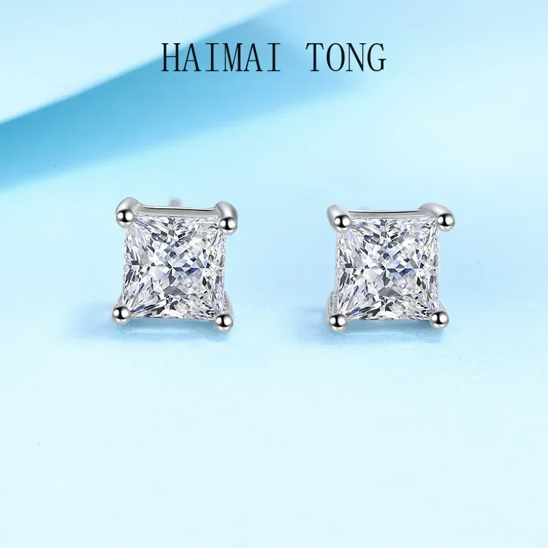

Certificate Moissanite Diamond Unusual Square Halo Stud Earrings for Women PT950 Platinum Classic Princess Trendy Fine Jewelry