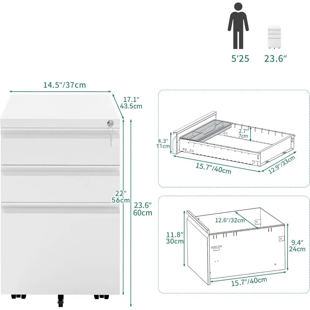 خزانة ملفات متنقلة بيضاء معدنية ذات 3 أدراج مع قفل، وحجم قانوني/حرف، وحدة تخزين مجمعة مسبقًا للمكتب