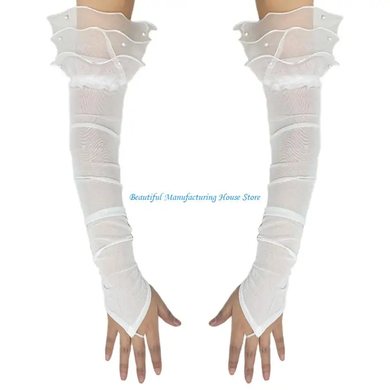 E56A Seethrough Sheer Gloves Fingerless Arm Sleeves for Weddings 1920s Costume Props