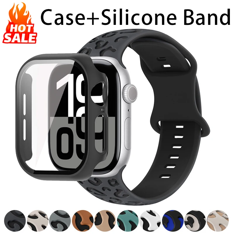 

Strap For Apple Watch Band 46mm 44mm 41mm 41mm 40mm 38mm 42mm Watch Case Glass+Silicone Bracelet iwatch Series 10 9 8 7 6 5 4 SE