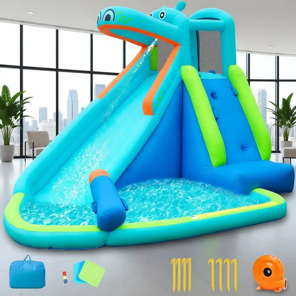 Nadmuchiwana zjeżdżalnia wodna w kształcie hipopotama i dmuchany zamek z basenem, ścianą do wspinaczki i pistoletem na wodę - zewnętrzna torba przeszkód dla dzieci