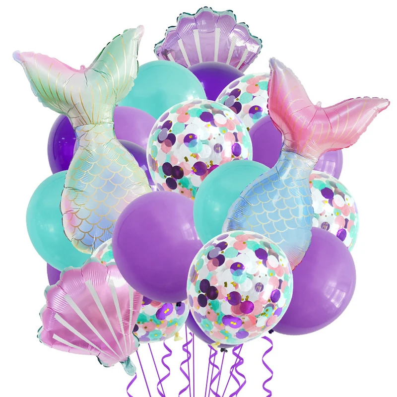 Mermaid Latex Balloons Confetti Air Helium Globos Disposable Tableware for 1st Kids Girl Mermaid Theme Birthday Party Decoration