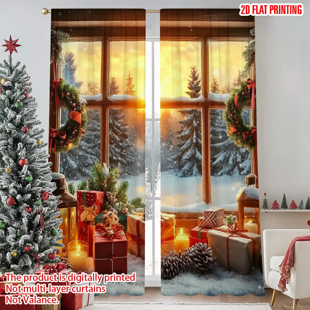 

2pcs 2D flat printing Christmas Window Drapes warm winter Durable Polyester Without Electricity Spring Party & Holiday Decor for