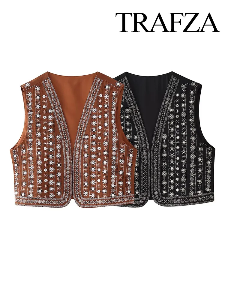 TRAFZA Summer Women Fashion V-Neck Embroidered Sequin Short Vest Female Attractive Sleeveless High Street Casual 2-color Top