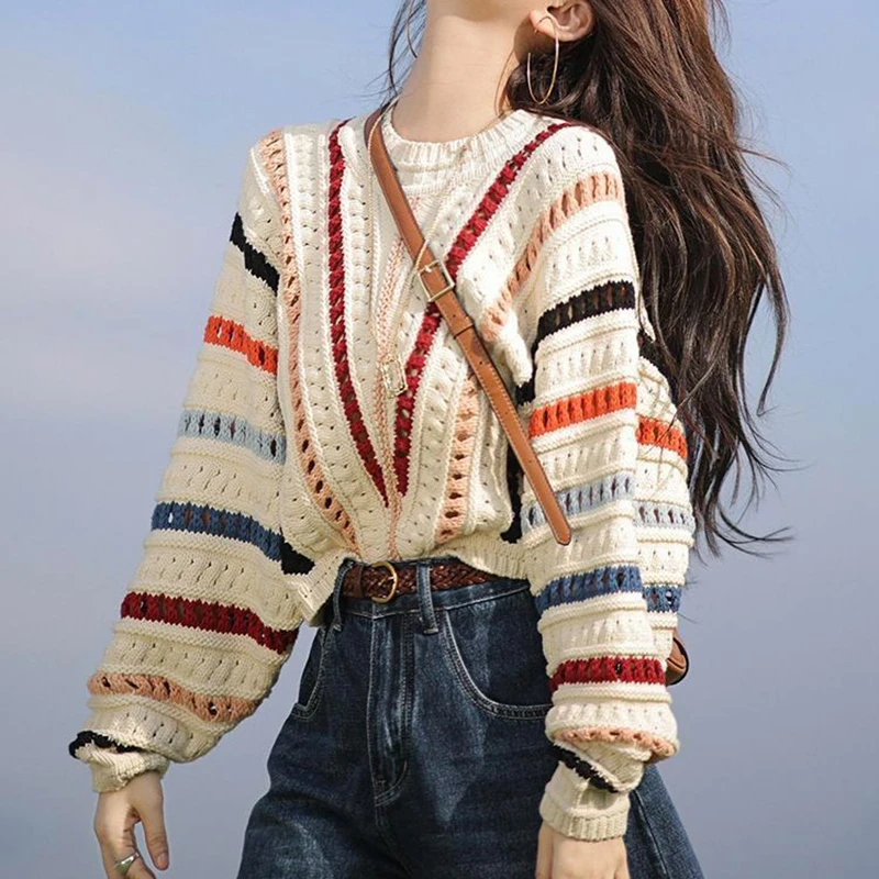 

Fashion Striped Women Sweater Thick Winter Knitted Jumper Loose Rainbow Casual Korean O Neck Female Pullover Tops New