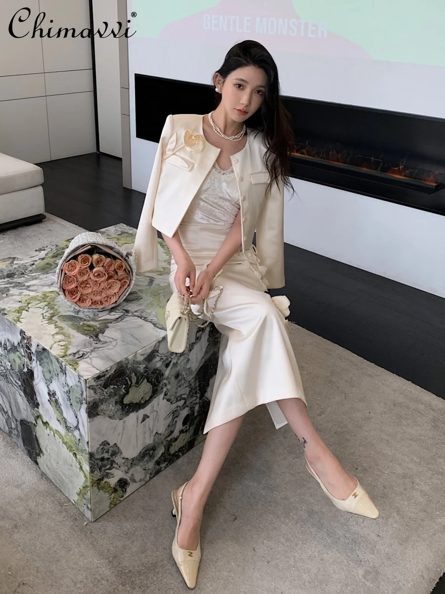 

2025 Spring New Women's Clothing High-end Satin New Chinese Style Long-sleeved Jacket Sleeveless Dress and Skirt Elegant Outfits