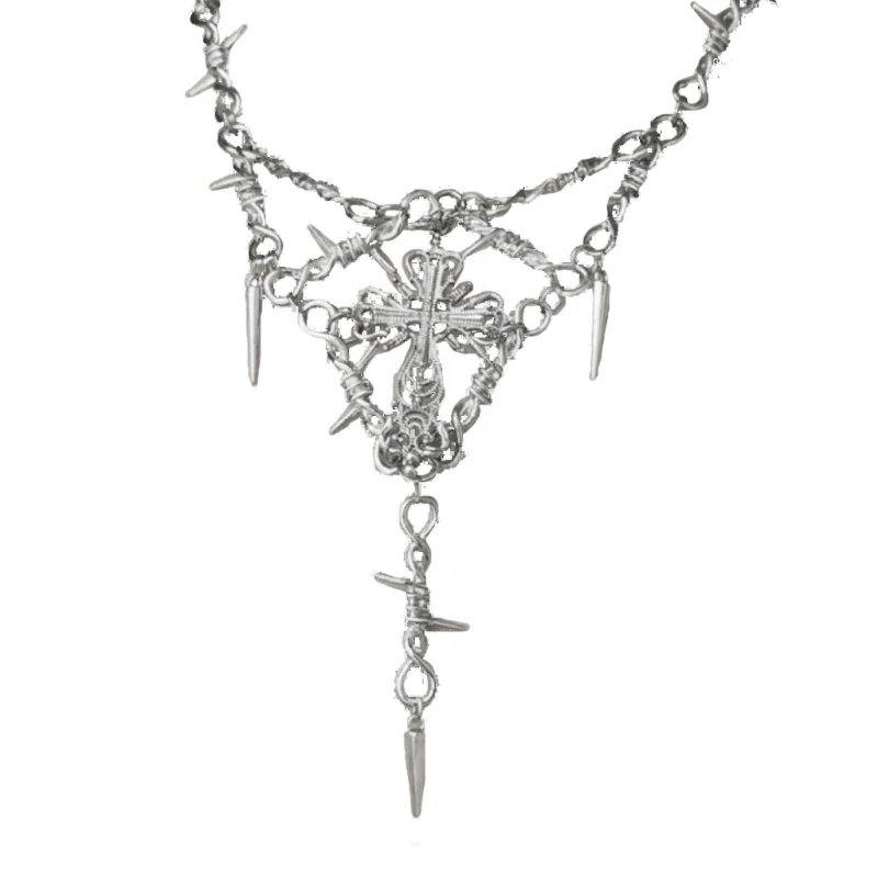 Crucifix Pendant Clavicle Chain Barbed Wire Safty Spur Choker Necklace Jewelry