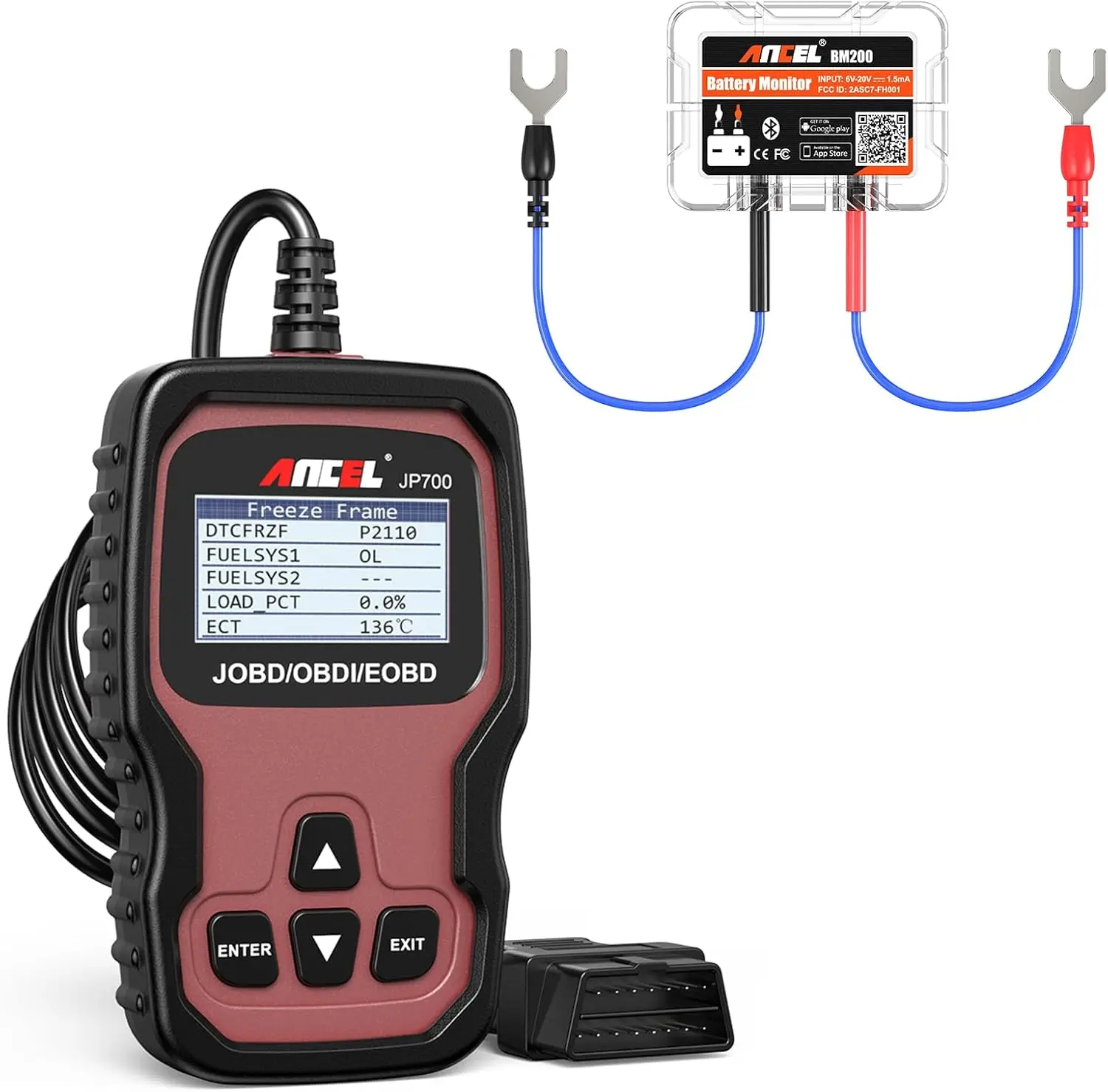 

JP700 OBD2 Scanner with BM200 12V Battery Tester, Bluetooth 4.2 Auto Battery Monitor for Lithium & Lead-Acid