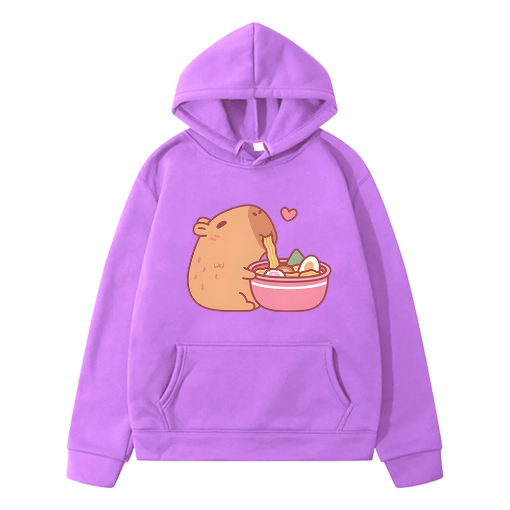 Cute Capybara Eating Ramen Hoodies Kawaii Cartoon Graphic Printing Sweatshirts Winter Hooded Pullovers Sudaderas Slight Strech