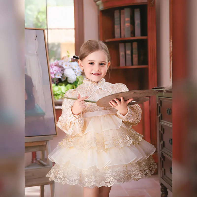 

2026 New Chinese Style Baby Girl Lace Lolita Dress Tutu Princess Birthday Party Gown Children Pageant Formal Celebration Outfit