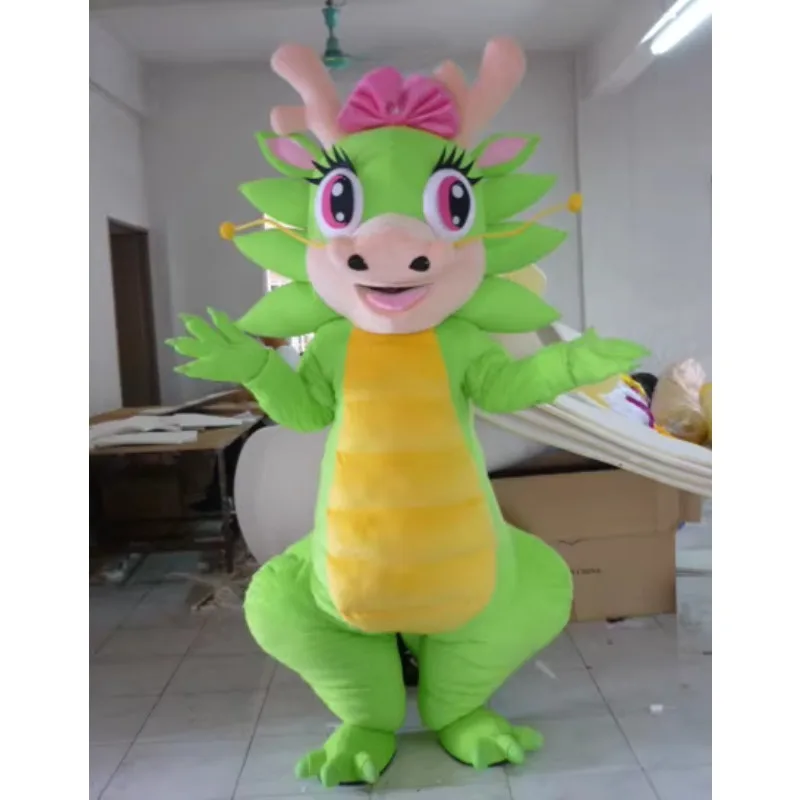 Doll Mascot of The Year of The Dragon Plush Wearing A Green Dragon Headgear Performing Cartoon Doll Costumes