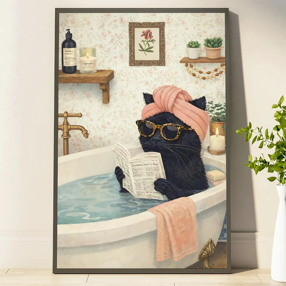 Black Kitten Bathroom Art Print Cute Cat Toilet Paper Canvas Painting Style Poster Tuxedo Cat Wrapped in Towel Floral Bathroom