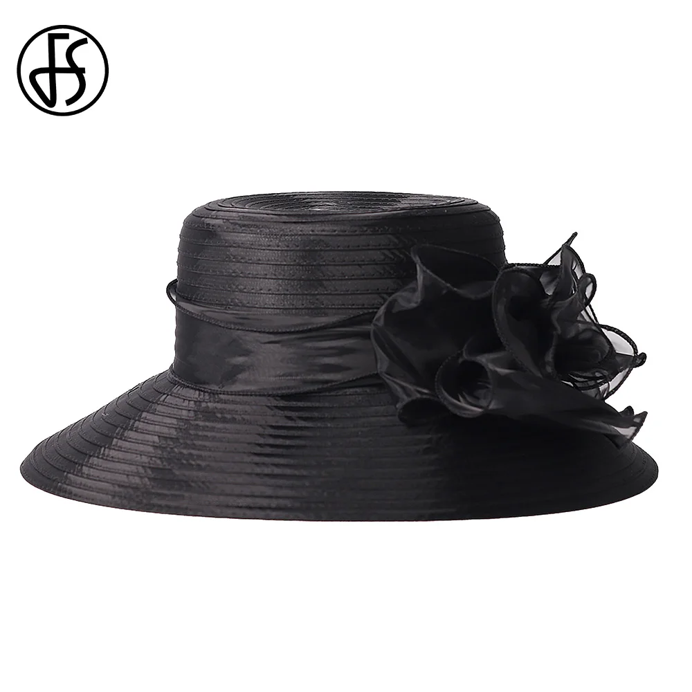 FS Outdoor Female Wide Brim Sun Hats For Women Floppy Beach Cap Ladies Elegant Flower Wedding Bride Church Fedoras 2024 New