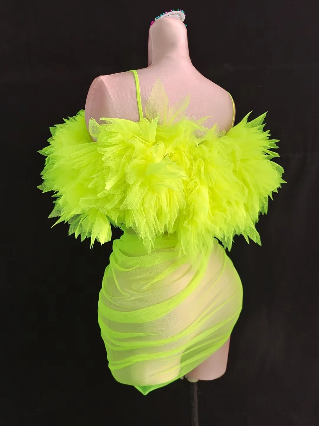 Fluorescence Green Gauze Asymmetrical Sexy Dress With Gloves For Women Celebrity Stage Concert Clothing Drag Queen Outfits