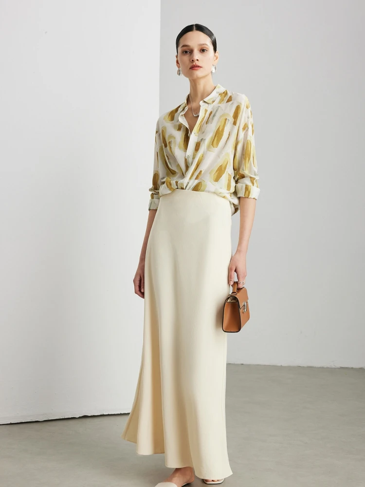 Birdtree, 100% Real Silk Blouse, Print Lapel Thin Tops, Women Double Crepe Full Sleeve Shirt, Commuting Style, 2026 New T63514JF