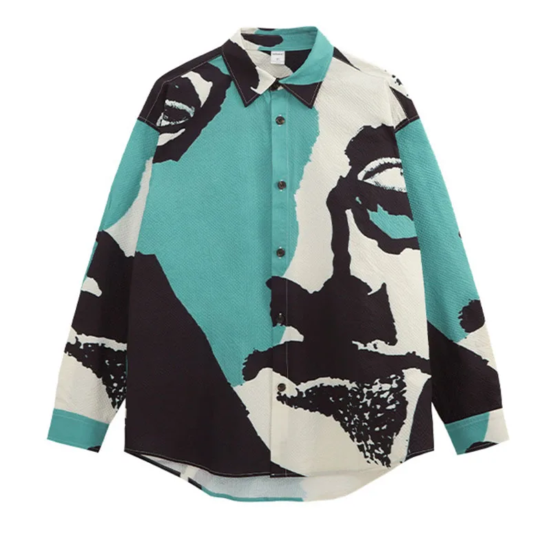 Oversized Fashion Printed Shirts Long Sleeves Harakuju Hip Hop Casual Button Up Blouse For Male