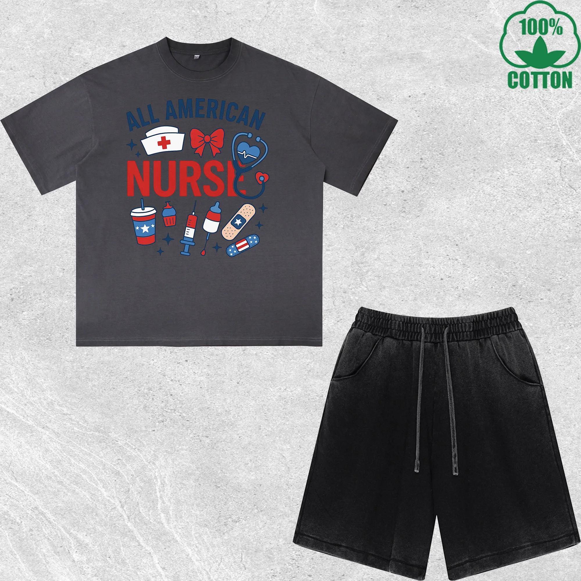 

All American Nurse Printed Dirty Wash T-Shirt Shorts Set Multicolor Combo Loose Trendy 100%Cotton