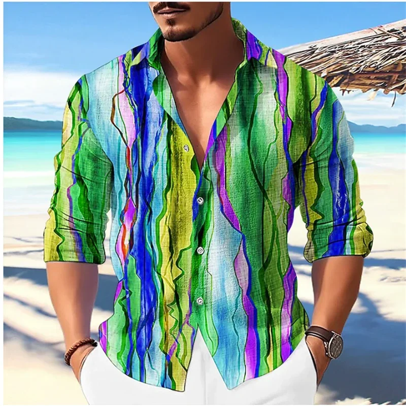 Camisa de botão manga longa masculina, xadrez listrado, rei leão tribal, lapela casual ao ar livre, blusa macia e confortável, nova moda