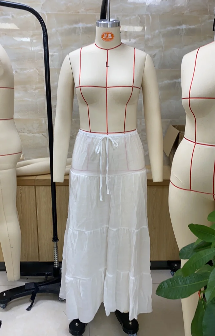 Women Summer Beach Cover Up Skirt Solid Elastic Waist Tiered Ruffled Long Skirt Leisure Vacation Sun Protection A-line Skirt