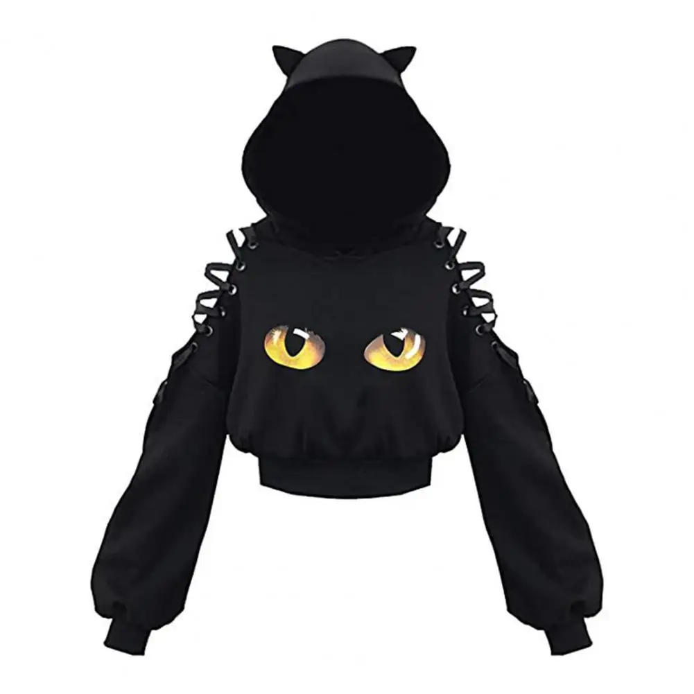 Women Loose Fit Halloween Sport Hoodie Hollow Out Lace-up Cold Shoulder Long Sleeve Cat Ear Decor Hooded Cropped Sweatshirt Tops