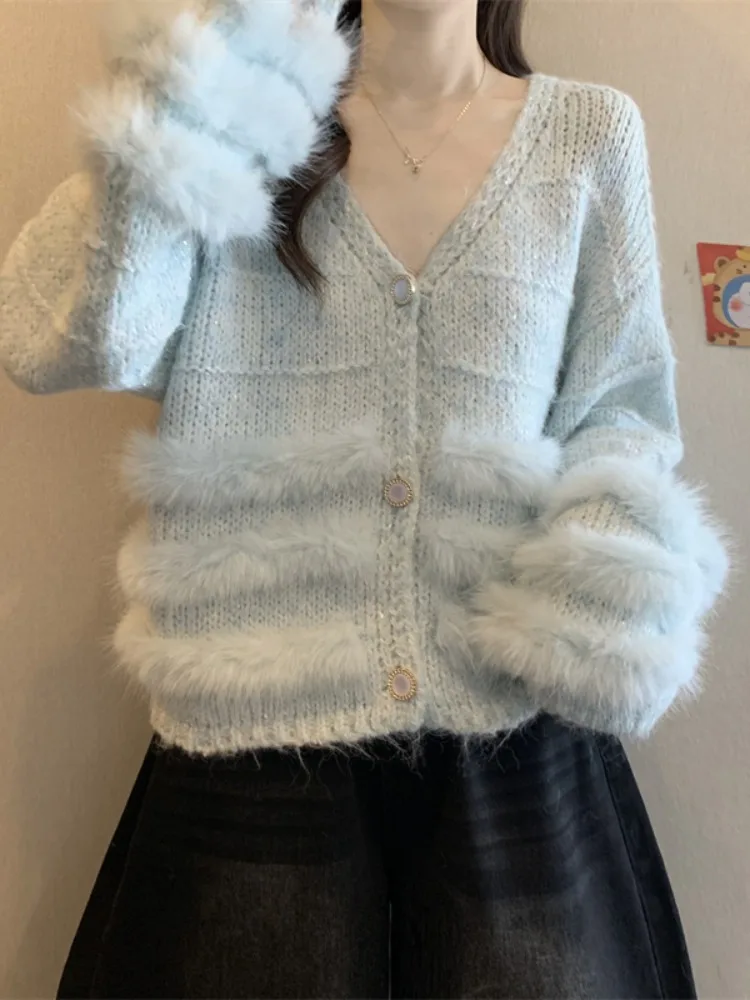 Thiened calor brilhante lantejoulas v-ne camisola de malha casaco feminino inverno outerwear macio e confortável longo sve cardigan