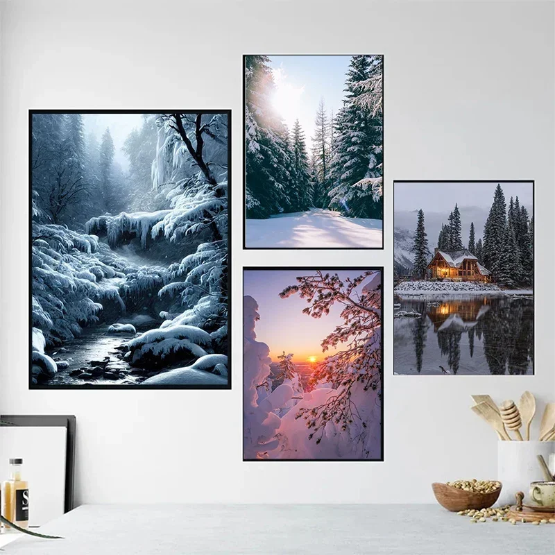 1pc frameless Canvas Modern Simple Wall Art Ice Forest Houses HD Canvas Painting Poster Prints Home Bedroom Living Room Decorati