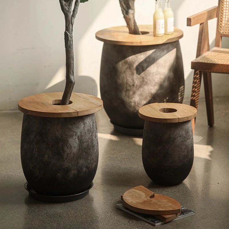 Cat Proof Plant Pot Cover Ash Wood Planter Lid with Side Table Anti-Scratch Floor Flower Pot Decor Creative Home Gardening