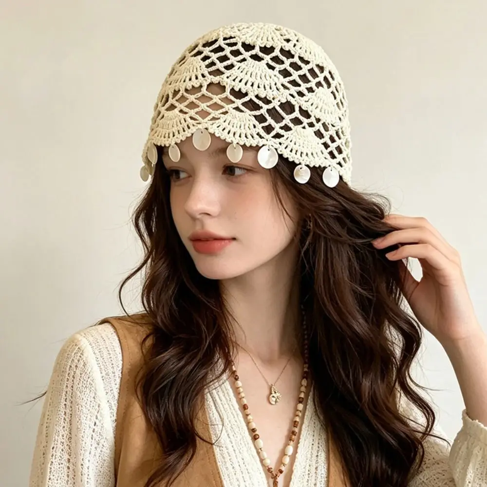 Retro Elegant Hollowed Out Knitted Hat Solid Color Ethnic Style Shell Tassels Hat Thin Korean Crochet Weave Cap Outdoor