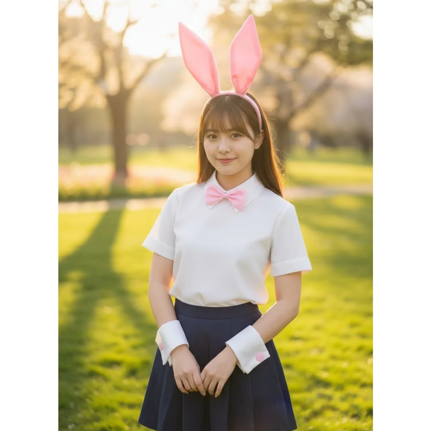 อุปกรณ์เสริมชุดสตรี PESENAR: ชุดกระต่ายสาวสีชมพู, ที่คาดผมสองชิ้น, ปลอกแขน, ชุดผูกโบว์