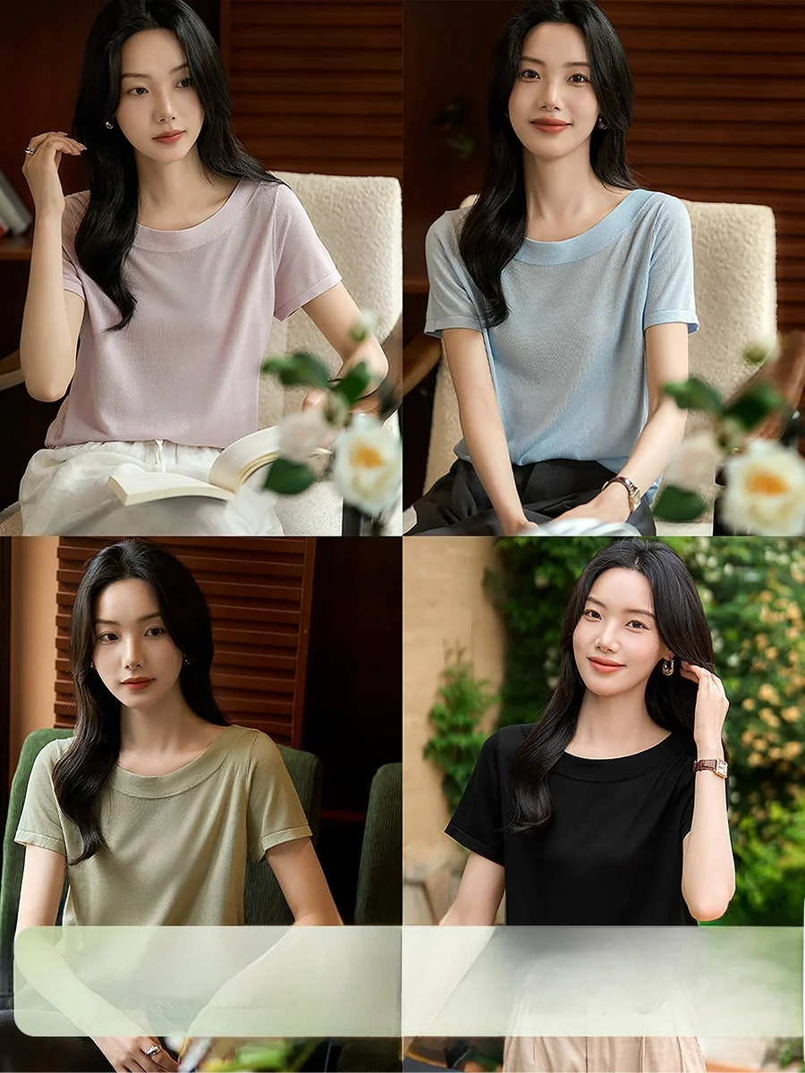 

XiaoHanGe Hepburn Beauty Silk Rayon Short Sleeve T-Shirt Women's Machine Washable Comfortable Soft Knitted Spring Top