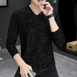 2023 Spring and Autumn Fashion Trend Casual and Handsome V-neck Brilliant Silk Long Sleeve Loose Versatile Solid Color T-shirt