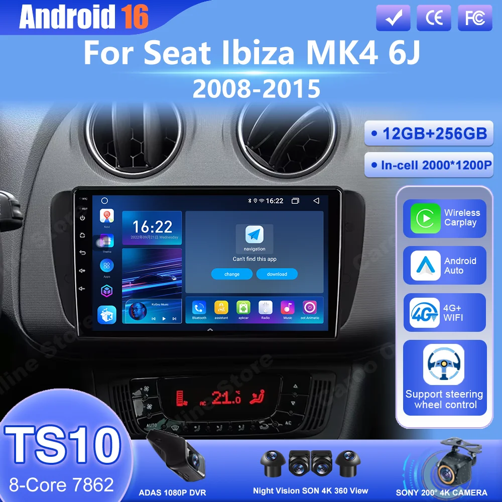 Android 16 Car Radio for Seat Ibiza MK4 6J 2008-2015 Auto Multimedia Player CarPlay Android Auto GPS Bluetooth 4G WIFI Head Unit