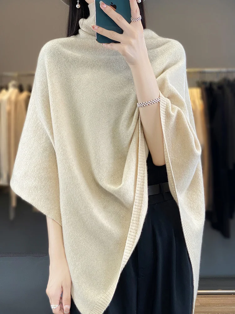 Women 100% Merino Wool Shawl Autumn Winter Turtleneck Pullover Wraps Grace Soft Warm Knitted Sweater Female Clothing Korean Tops