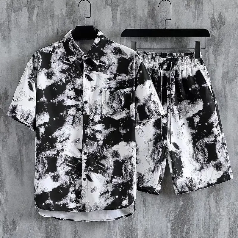 Ink painting Hawaiian shirt shorts men\'s set 3D summer slim beach vacation beach short sleeved floral shirt two-piece set