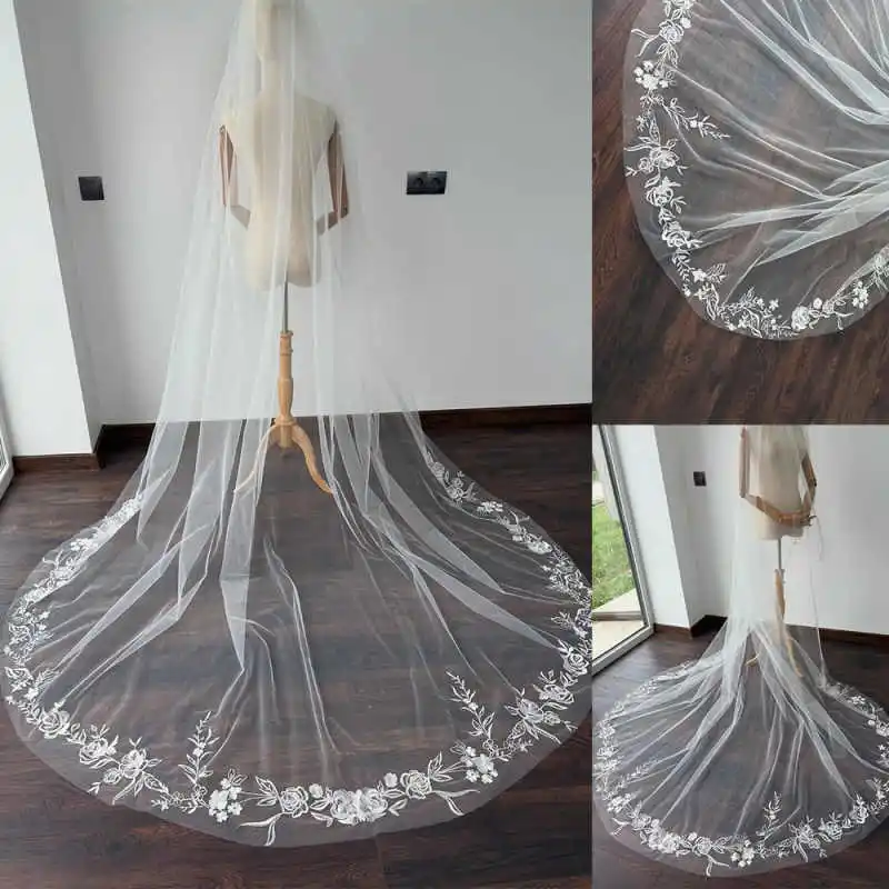 

Elegant Bridal Veil Flowers Appliques Lace Edged With Comb 3M Cathedral One Layer Veil Wedding Accessories Customized