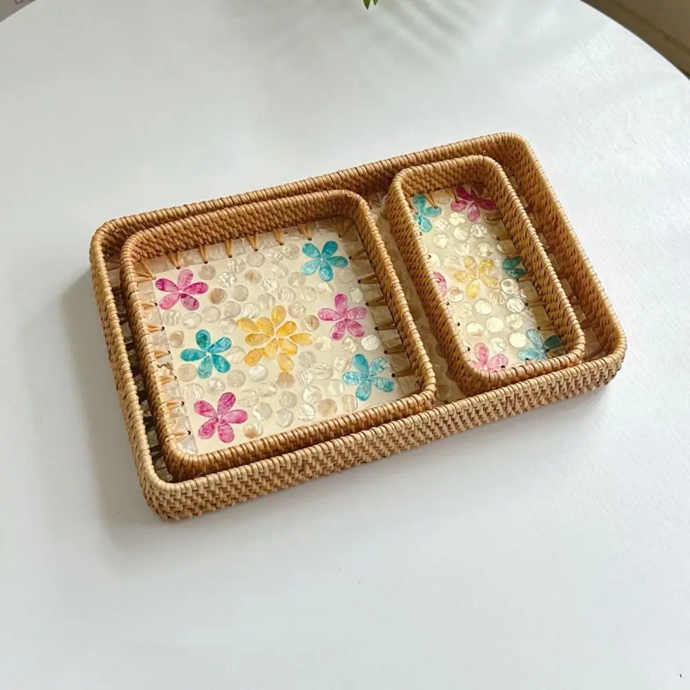 Hand Woven Splicing Shell Rattan Basket Colorful Rattan Weaving Weaving Fruit Basket Decorative Household Bread Baskets Tray