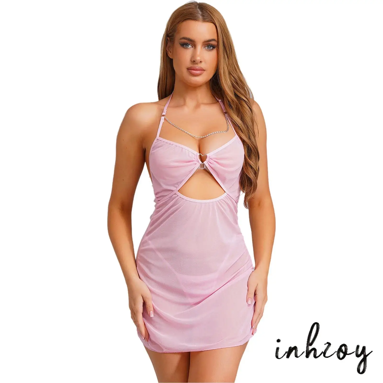 

Sexy Womens Sheer Mini Dress Thong Heart-shaped Ring Halter Backless Cover Up Dress+Briefs for Beach Pool Party Erotic Nightwear